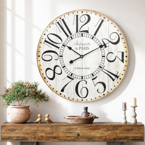 Farmhouse 24 Inch Wall Clocks, Large Vintage French Wooden Wall Clocks, Silent Non-Ticking Battery Operated Wall Clocks for Living Room,Kitchen,Bedroom (Brown) - color: Brown -Round