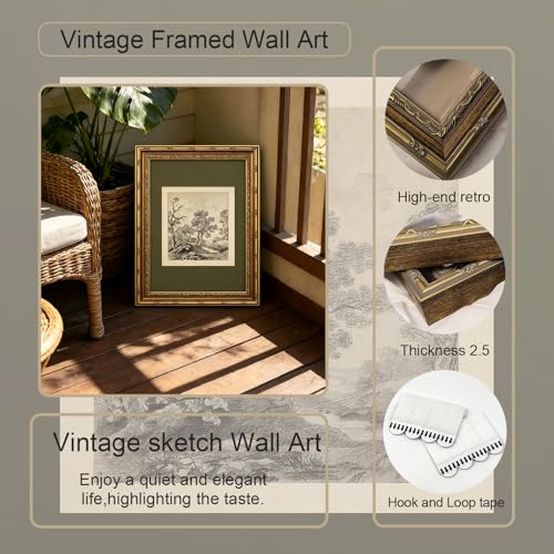 Vintage Framed Canvas Wall Art Tree Forest Landscape Wall Decor Green Gray Tree Natural Sketch Picture Rustic Farmhouse Poster Artwork for Living Room Bedroom Bathroom 12x16 inch Ready to Hang - color: Tree, size: 12"L x 16"W