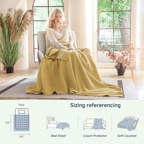 Simple&Opulence 100% Cotton Waffle Blanket, Twin 66"x90", Light Yellow - color: Light Yellow, size: Twin(66"x90")