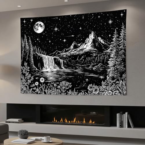 Accnicc Black and White Forest Mountain Tapestry 80x60 Inch - color: Black and White Waterfall, size: 80"L x 60"W