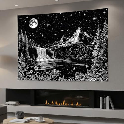 Accnicc Black and White Forest Mountain Tapestry 80x60 Inch - color: Black and White Waterfall, size: 80"L x 60"W