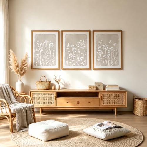 Neutral Floral Wall Art Set of 3, Brown Framed Botanical Canvas Prints - color: White flowers, size: 16x12
