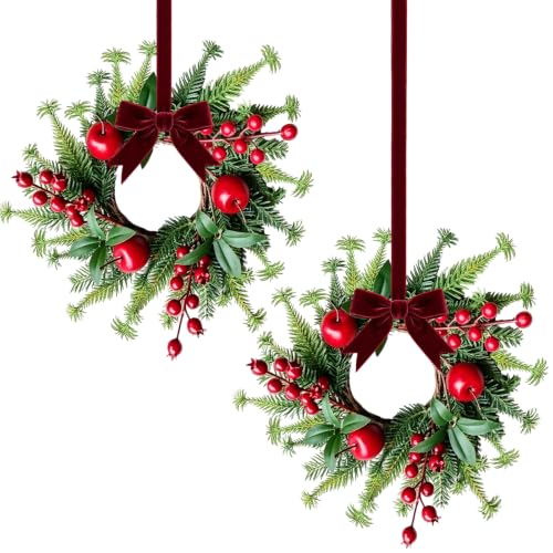2 Pcs Mini Christmas Wreaths for Cabinet Doors with Red Apples Berries Pine Sprigs Farmhouse Xmas Decor for Indoor Outdoor Farmhouse Home Wall Window Festival Wedding Decor - size: Christmas
