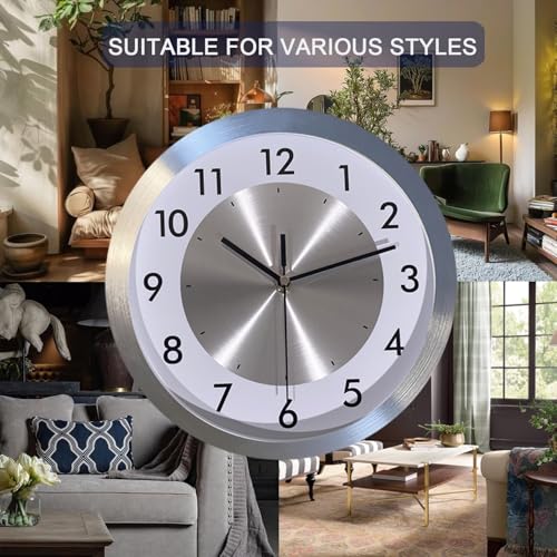 Modern Silent Non Ticking Wall Clock Battery Operated for Kitchen,12in | Silver Metal Wall Clock for Living Room Decor,Home Office Bedroom