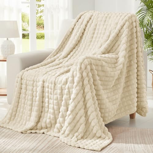 BEDELITE 3D Checked Beige Fleece Throw Blanket for Couch, 50x60 Inches - color: Beige, size: Throw(50"x60")