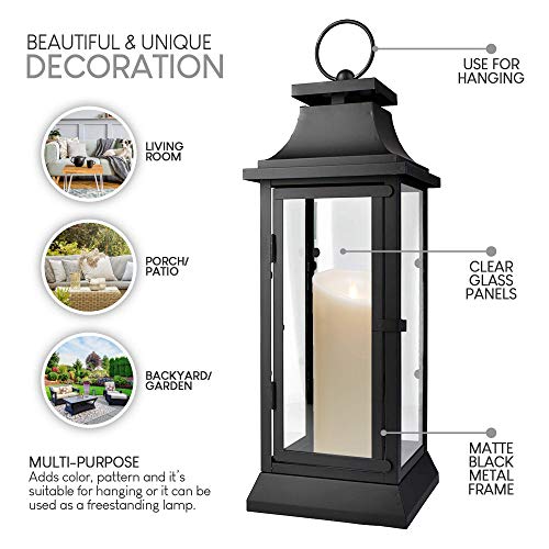 Serene Spaces Living Black Metal Hurricane Lantern with Clear Glass – 15" Tall, 5" Square. Versatile Hanging/Tabletop Candle Holder for Weddings, Parties, Indoor & Outdoor Home décor. - size: Medium, Pack of 1