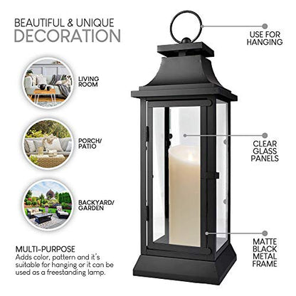 Serene Spaces Living Black Metal Hurricane Lantern with Clear Glass – 15" Tall, 5" Square. Versatile Hanging/Tabletop Candle Holder for Weddings, Parties, Indoor & Outdoor Home décor. - size: Medium, Pack of 1