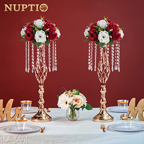 NUPTIO Artificial Flower Centrepieces for Wedding Tables, 2 Pcs Fake Roses - color: Crimson & White, size: 2 Pcs