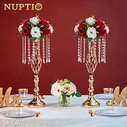 NUPTIO Artificial Flower Centrepieces for Wedding Tables, 2 Pcs Fake Roses - color: Crimson & White, size: 2 Pcs