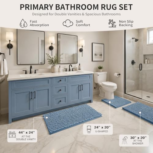 Yimobra Bathroom Rug Set 3 Piece, Super Absorbent Bath Mat Set, Denim Blue - color: Denim Blue, size: 24"x20" + 30"x20"+ 44"x24"