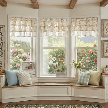 jinchan Amlie Ruffled Floral Valance Curtain 1 Panel 18 Inch Taupe on Linen - color: Amlie Taupe on Linen