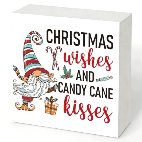 Christmas Wishes and Candy Cane Kisses Sign, Gnome Wood Box Shelf Decor - color: Style 21