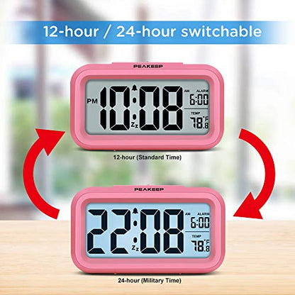 Peakeep Night Light Digital Alarm Clock Battery Operated Indoor Temperature - color: Pink