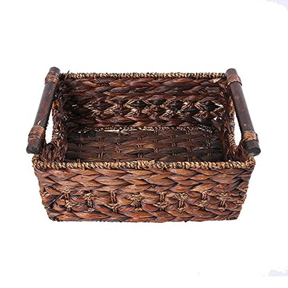 Water Hyacinth Wicker Storage Basket with Wood Handles, Medium - color: Dark Brown, size: 11.81x 8.66x 5.9