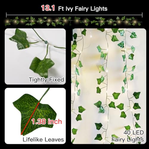 suddus 13.1FT 40LED Ivy Vine with Lights Battery Operated Copper Wire - color: IVY, size: 40 LED-Battery