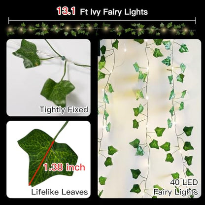 suddus 13.1FT 40LED Ivy Vine with Lights Battery Operated Copper Wire - color: IVY, size: 40 LED-Battery