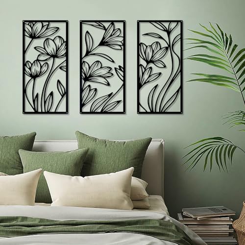 YIYA 3 Pcs Black Metal Flower Wall Art Minimalist Floral Line Art Sculpture 16.9" x 7.9" Rustic Iron Hanging Decor for Living Room Bedroom Bathroom（Lily） - style: lily