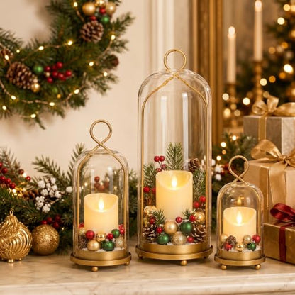 15", 9" & 7" Hurricane Candle Holders Set of 3, Gold & Glass - color: Gold
