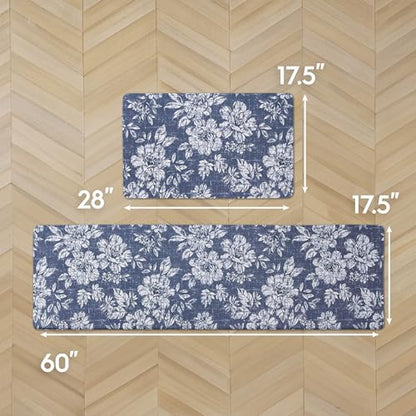Laura Ashley - Anti-Fatigue Kitchen Mat, Iris Floral Design, Stain, Water & Fade Resistant, Cooking & Standing Relief, Non-Slip Backing, 2 Piece Set: 17.5" x 60" / 17.5" x 28" Navy Iris - color: Navy, size: 60"L x 17.5"W / 28"L x 17.5"W