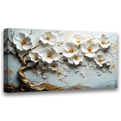 Abstract Wall Art Canvas Print Tree of Life Painting Flower Painting Decor Paintings Modern Style Living Room Bedroom Office Home Kitchen Decor Nature Landscape Artwork Wooden Frame 20x40 inch - color: Light blue background and white tree of life flower,