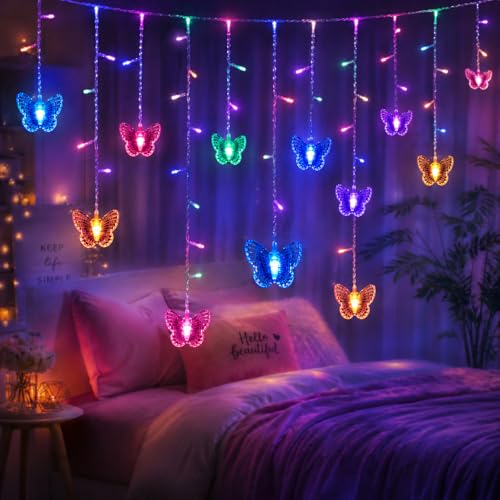Butterfly Curtain Fairy Lights USB Plug in,8 Modes 120 LED 20FT Firefly Twinkle Timer String Lights with Remote, Waterproof for Bedroom Christmas Wedding Party (Multicolor) - color: Multicolor