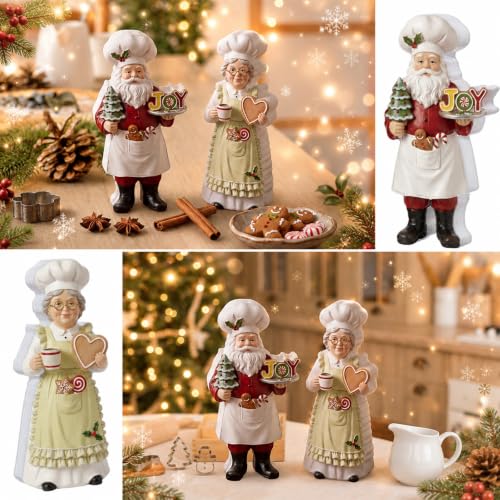 Yuntau 2 Pcs Chef Santa & Mrs. Claus Christmas Figurines Decor Wooden Christmas Chef Santa Statues Table Ornament Holiday Xmas Decor Gift for Kitchen Mantel Home Decoration Party Supplies Decoration - style: Chef Santa