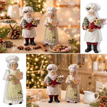 Yuntau 2 Pcs Chef Santa & Mrs. Claus Christmas Figurines Decor Wooden Christmas Chef Santa Statues Table Ornament Holiday Xmas Decor Gift for Kitchen Mantel Home Decoration Party Supplies Decoration - style: Chef Santa