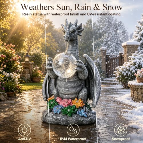 Solar Dragon Garden Statues Outdoor Decor, Resin Pterosaur Figurine Decoration with Glass Ball Lantern, Cute Sculpture for Patio, Yard, Lawn, Perfect Garden Gift for Women Mom Grandma