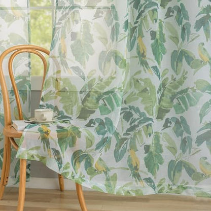 Green Sheer Curtains 63 Inch Length for Living Room 2 Panels - color: Tropical Leaf and Bird, size: 50"W x 63"L (Pack of 2)