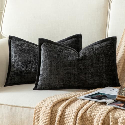 Yaertun Pack of 2 Chenille Textured Decorative Throw Pillow Covers Accent Solid Cushion Cover Soft Cozy Pillow Case with Velvet Back for Couch Sofa Bed Living Room 12x20 Inch Black - color: Black, size: 20" x 12" (Pack of 2)