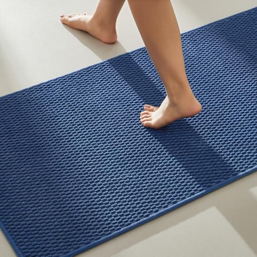 TYUU Bathroom Runner Rug, Long Bath Mat Washable Thin Quick Dry Low Pile Bathroom Runner Rugs 24 x 60 Non Slip, Navy Blue 24"x60" - color: Navy Blue, size: 2' X 5' (Runner)