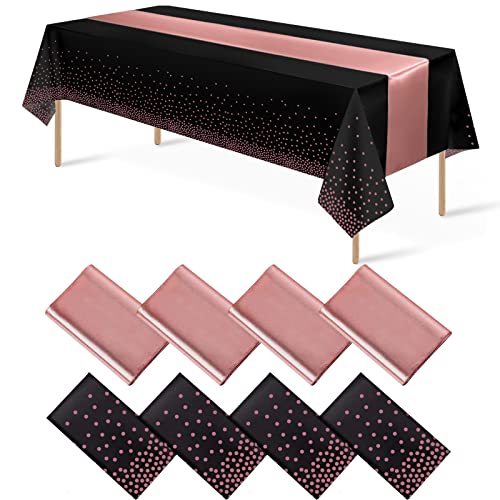 8Pack Disposable Plastic Tablecloths and Satin Table Runner Set Black and Rose Gold Dot Tablecloth Gold Satin Table Runner for Wedding Birthday Baby Shower Anniversary Christmas New Year Party Supply - color: Black and Rose Gold, size: 8 Pack