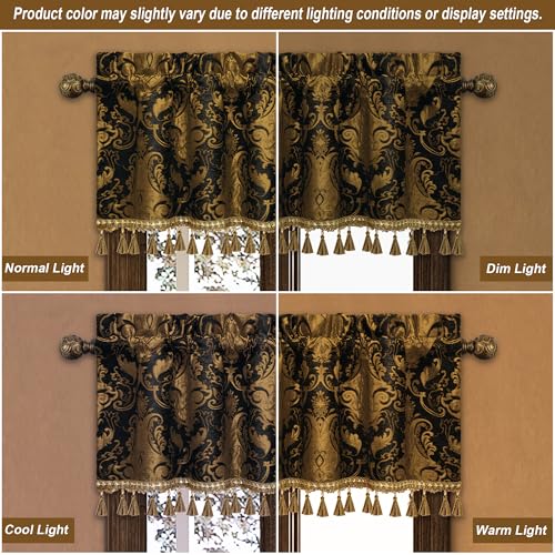 Loom and Mill Classic Chenille Damask Valances for Windows, Black, 54"x18" - color: Florence-black+copper Bronze