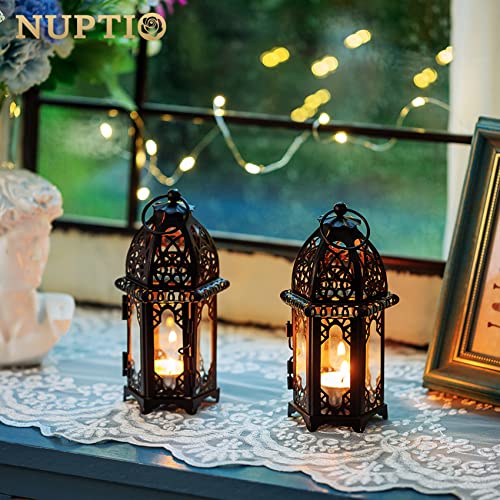 NUPTIO 6 Pcs Hanging Candle Holder Lantern Centerpiece Table/Hanging Glass Hexagon Moroccan Candle Lantern Holders, Black (Pack of 2) - color: Black, size: 6 Pcs Small Size (Pack of 2)