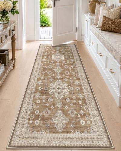 DEXI Hallway Runner Rug Non Slip Washable 3x7, Vintage Floral, Light Brown - color: Light Brown, size: 3' x 7' (Runner)