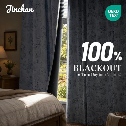jinchan Blue Blackout Curtains 63 Inch Woodland Back Tab 2 Panels - color: Blue on Beige, size: 50"W x 63"L (Pack of 2)