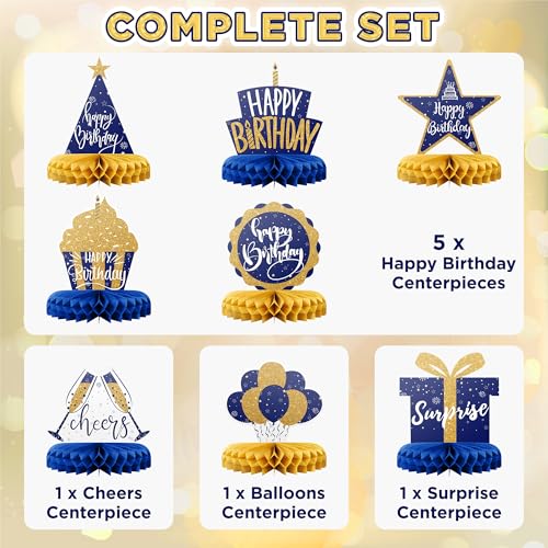 Happy Birthday Table Decoration Centerpieces - 8 Pieces, Blue & Gold - Double-Sided Happy Birthday Centerpieces for Tables - Party Supplies for Elegant Birthday Decorations - by PixiPy - style: Blue & Gold (Pack of 8)