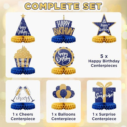 Happy Birthday Table Decoration Centerpieces - 8 Pieces, Blue & Gold - Double-Sided Happy Birthday Centerpieces for Tables - Party Supplies for Elegant Birthday Decorations - by PixiPy - style: Blue & Gold (Pack of 8)