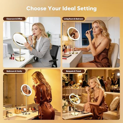 30X Magnifying Makeup Mirror with Lights, Height Adjustable Double Sided Vanity Mirror, 360° Rotation Cosmetic Mirror for Desk Bathroom - Antique Bronze