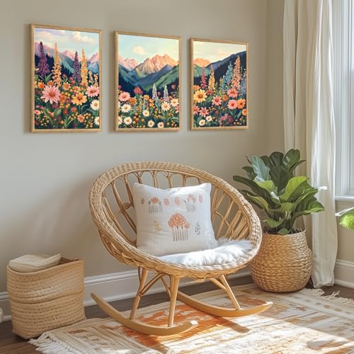 Hianan Wood Framed Boho Moutain Wildflower Wall Art Set of 3, 16x24 in - color: Colourful(Wood), size: 24"L x 16"W