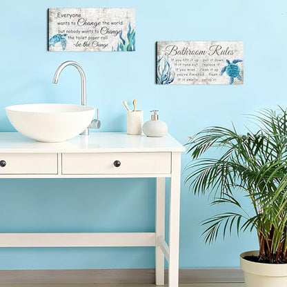 Jetec 2 Pcs Turtle Bathroom Wall Decor Wooden Sign 12 x 6 Inch Sea Turtle - style: Sea Turtles Style