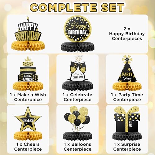 Happy Birthday Table Decoration Centerpieces - 8 Pieces, Black & Gold - Double-Sided Happy Birthday Centerpieces for Tables - Party Supplies for Elegant Birthday Decorations - by PixiPy - style: Black & Gold (Pack of 8)