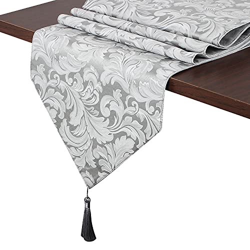 EHouseHome Jacquard Damask Reversible Silver Grey Table Runners with Tassels 13 x 72 inch Wrinkle and Water Resistant Spill-Proof Decorative Dining and Wedding Runners - color: Silver Grey With Tassels