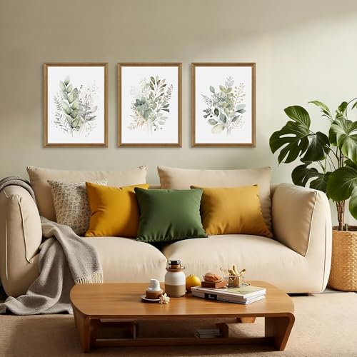 WRFON Framed Sage Green Botanical Wall Art Set of 3, Watercolor Eucalyptus & Wild Plant Canvas Prints, Minimalist Green Wall Decor for Living Room Bedroom Bathroom, 16x24 Inches - color: Sage Green(Framed), size: 24"L x 16"W