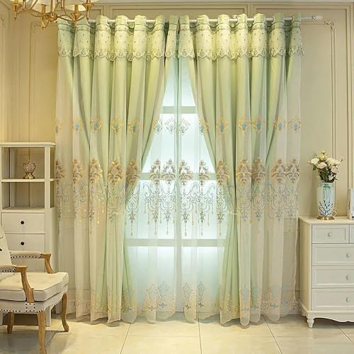 Amidoudou European Curtains with Attached Valance, 1 Pair Double Layer Window Drapes for Living Room & Bedroom, Green, 51x90 Inch - color: Green, size: 51"W x 90"L (Pack of 2)