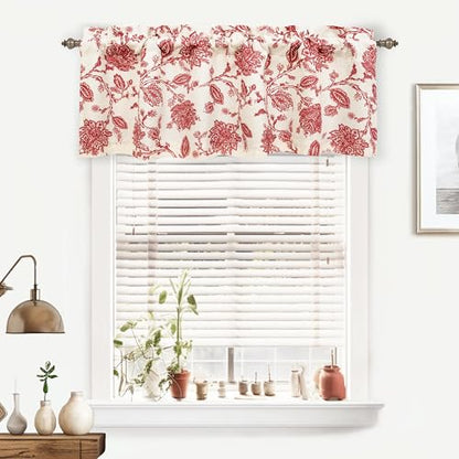 DriftAway Freda Jacobean Floral Linen Blend Blackout Thermal Insulated Energy Saving Privacy Window Linen Curtain Valance Rod Pocket 2 Layers Single 52 Inch by 14 Inch Plus 2 Inch Header Red Beige - color: Red, size: 52"W x 14"L (Pack of 1)