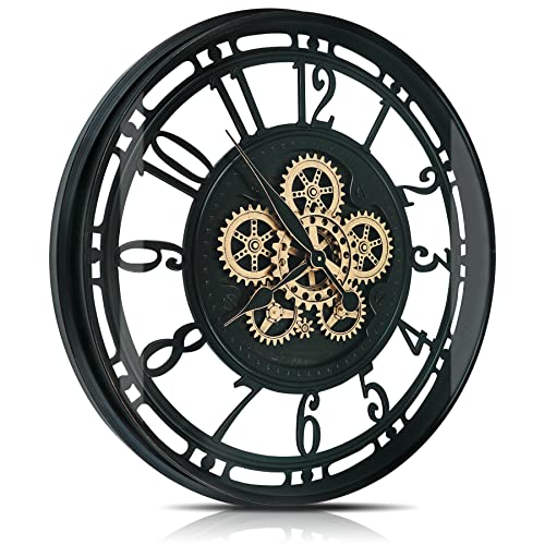 Real Moving Gears Wall Clock Large Modern Metal Clocks for Living Room Decor, Industrial Steampunk Unique Vintage Rustic Decorative Clock for Home Farmhouse Office, 21 Inch Black Gold Arabic - color: Black Gold Arabic, size: 21 Inch