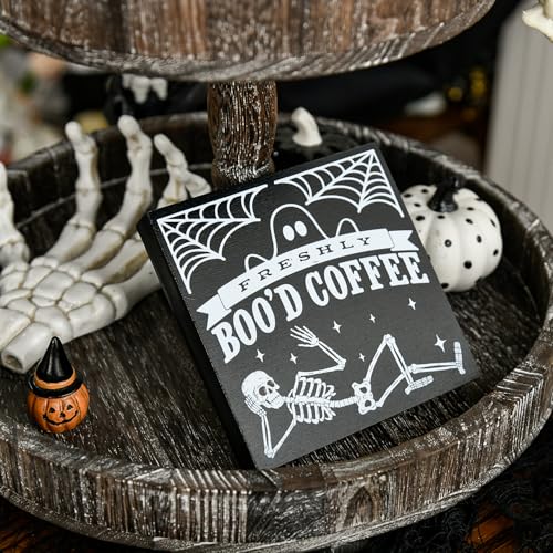 Smile Halloween Wood Box Sign, Skull Faux Books, Boo Coffee Table Decor for Desk Shelf Bar Kitchen 5 x 5 x 0.7Inches