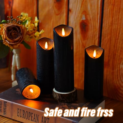 Nimiko Flickering Flameless Candles with Remote Control and Timer Set of 5 Pc Real Wax LED Pillar Candles, Battery Operated Candles（D2.2×H5/5.5"/6"/7"/8"） Home Decor Flameless Candles（Black） - color: True wax black