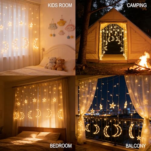 Dazzle Bright Ramadan Curtain String Lights, 138 LED 8.2 FT Warm White Star Moon Window Lights with Timer and 8 Lighting Modes, Waterproof Ramadan Decorations for Bedroom Wall Wedding Outdoor Party - size: Star Moon